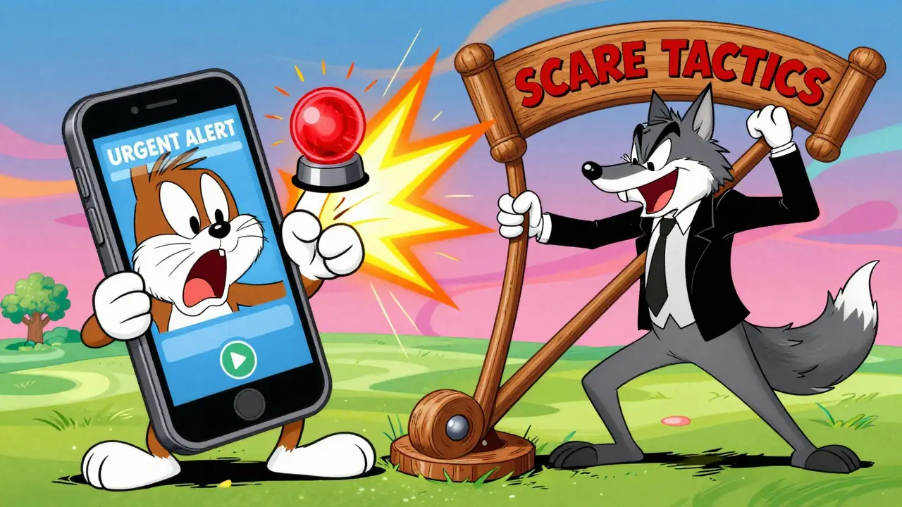 Panic-stricken character receiving a fake urgent alert while a wolf pulls a lever.