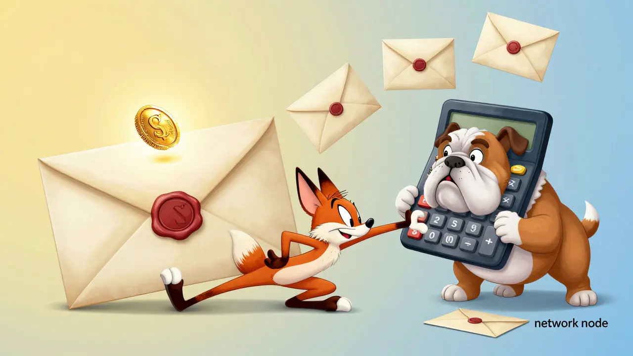 Sly character putting a coin in a sealed envelope while a bulldog calculates with a giant calculator.