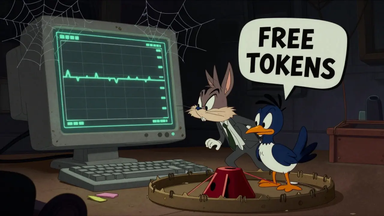 Sneaky cartoon character setting a trap for a naive bird by a dead chart.