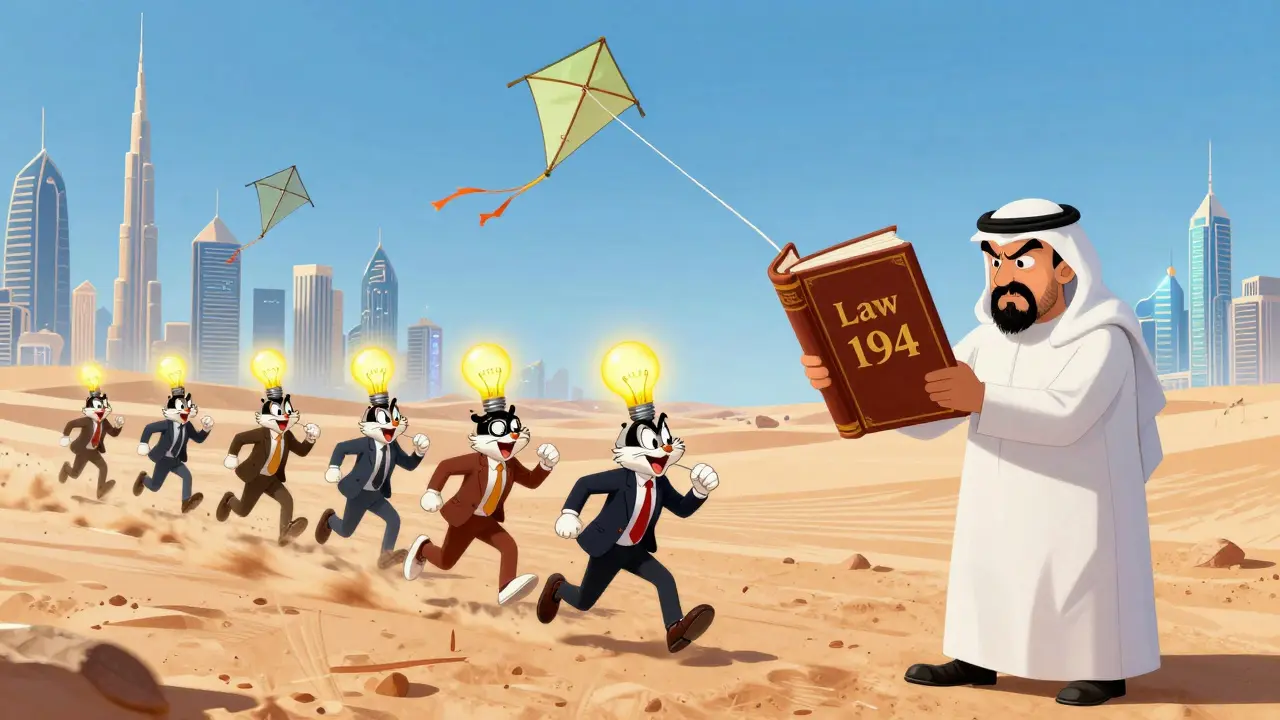 Tech entrepreneurs flying from Egypt to Dubai in a whimsical style