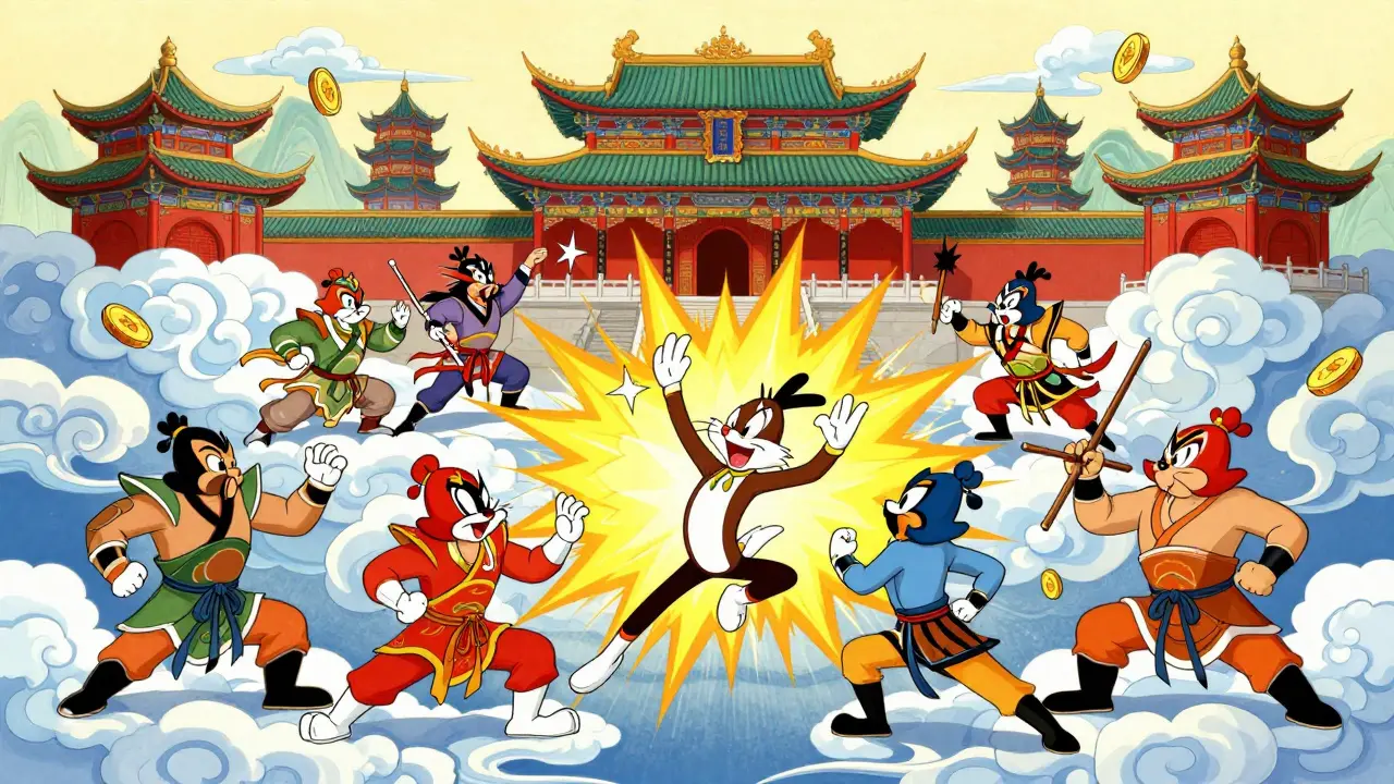 Whimsical cartoon martial arts battle in a floating ancient temple.