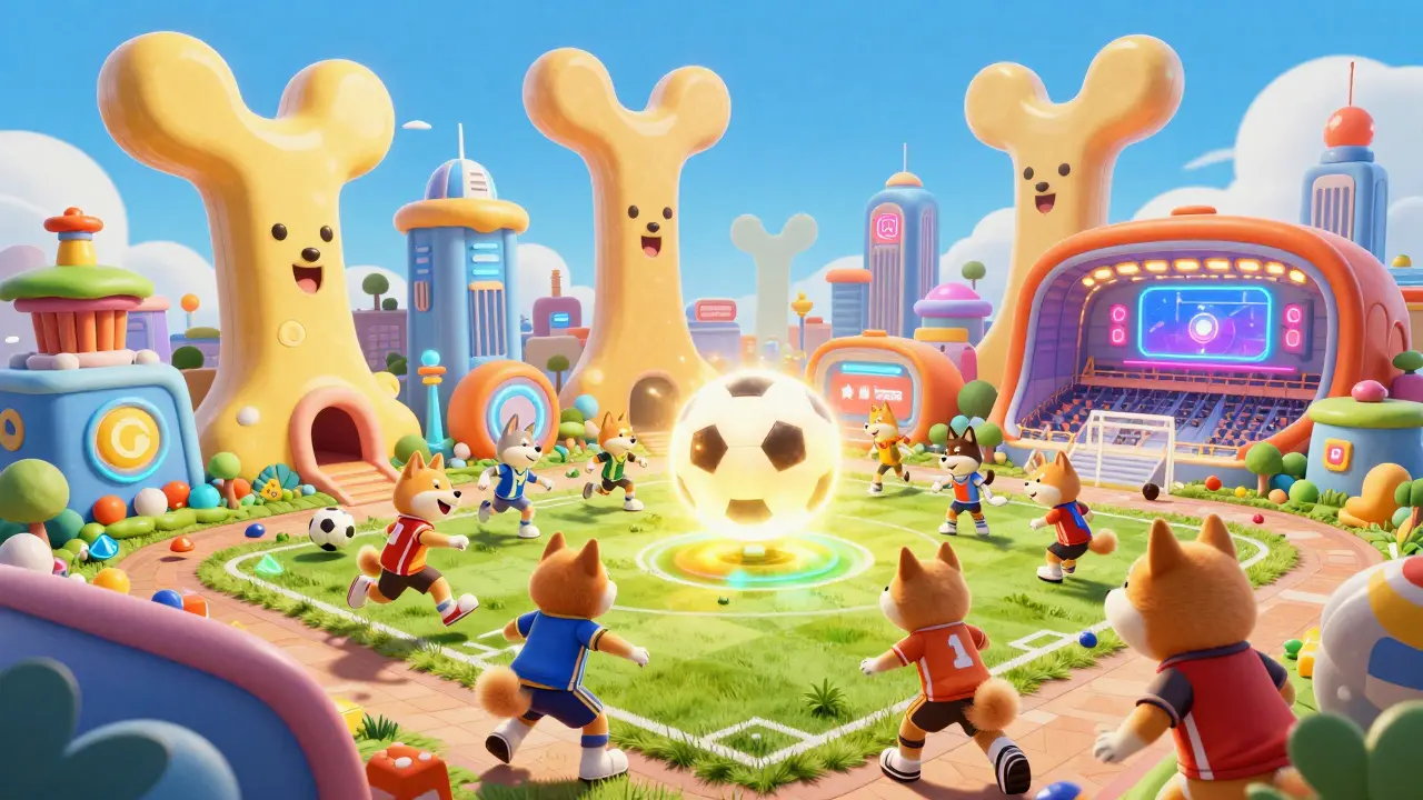 Whimsical Shiba Metaverse city with dog-themed buildings and Shiba dogs playing sports.