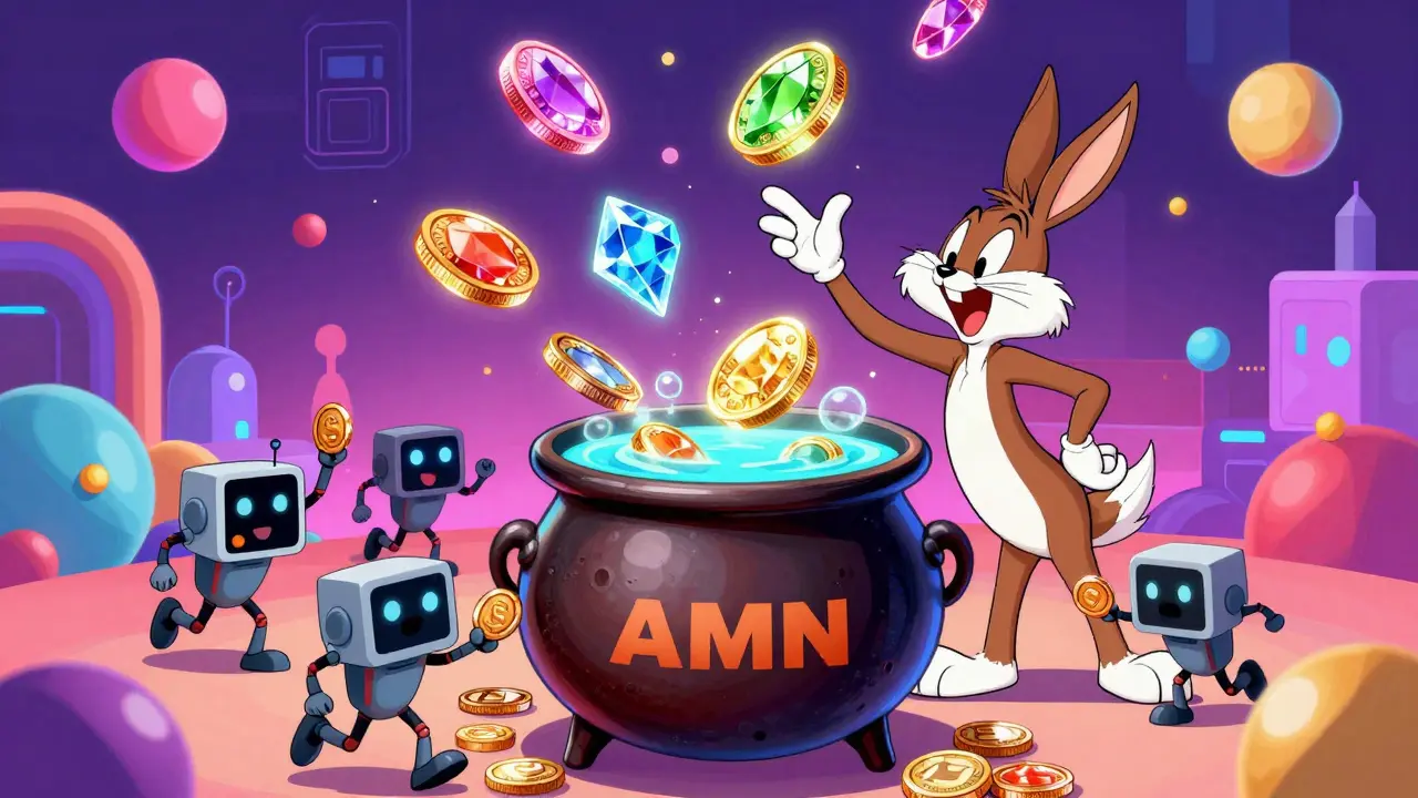 Zany character juggling colorful coins into a glowing liquidity pool in a digital world.