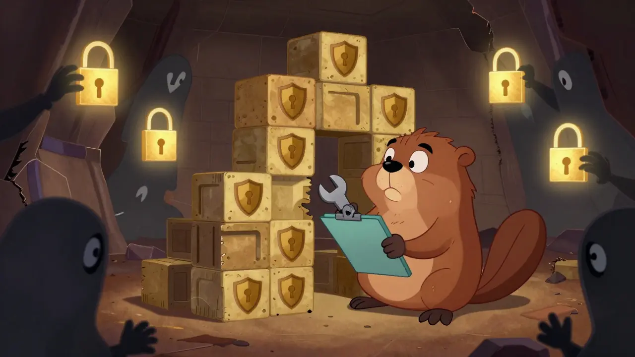 A beaver builds a secure blockchain fortress blocking shadowy scammer figures.
