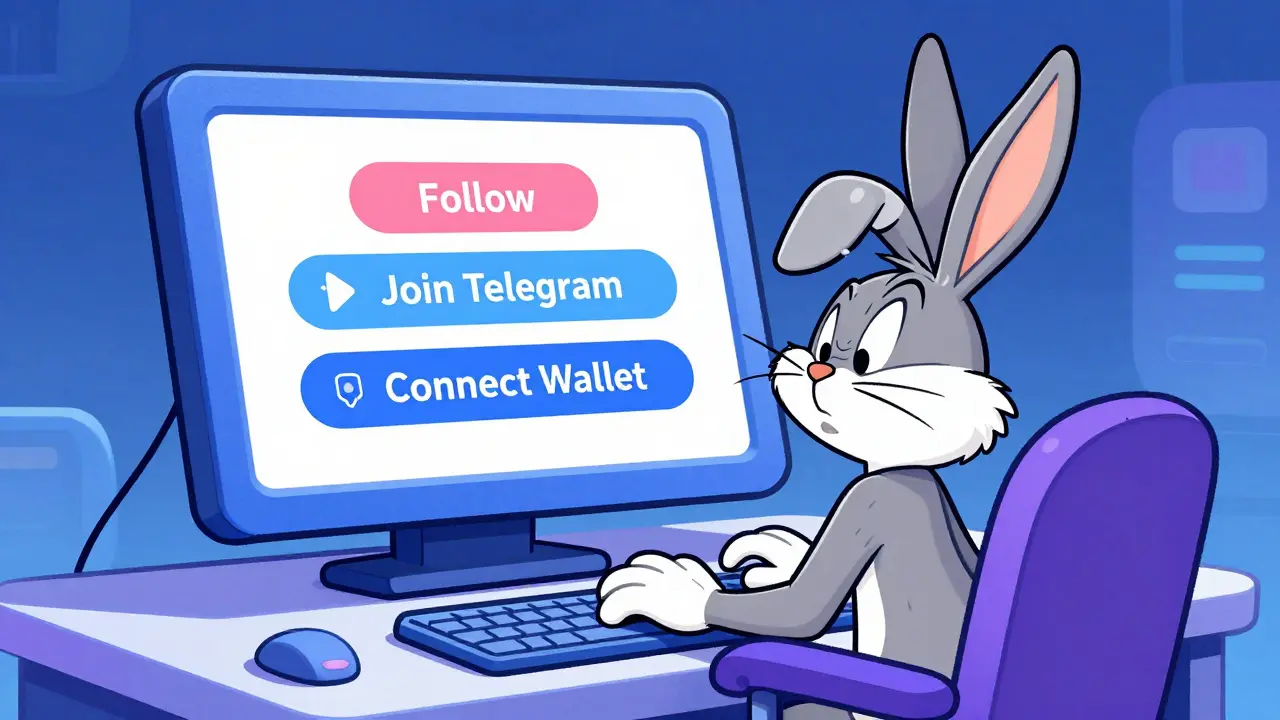 A cartoon character navigating task buttons on a retro computer screen.