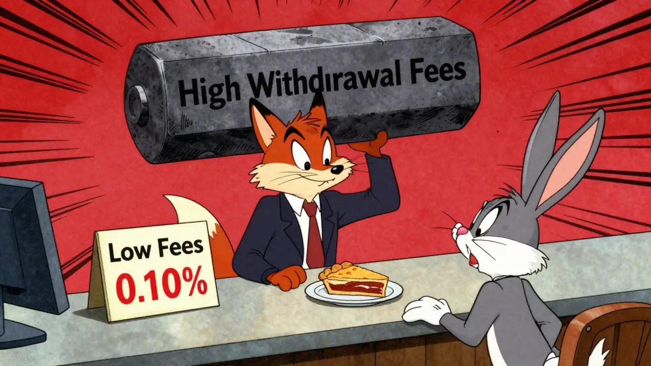 A fox tricking a trader with low fees while hiding high withdrawal costs.