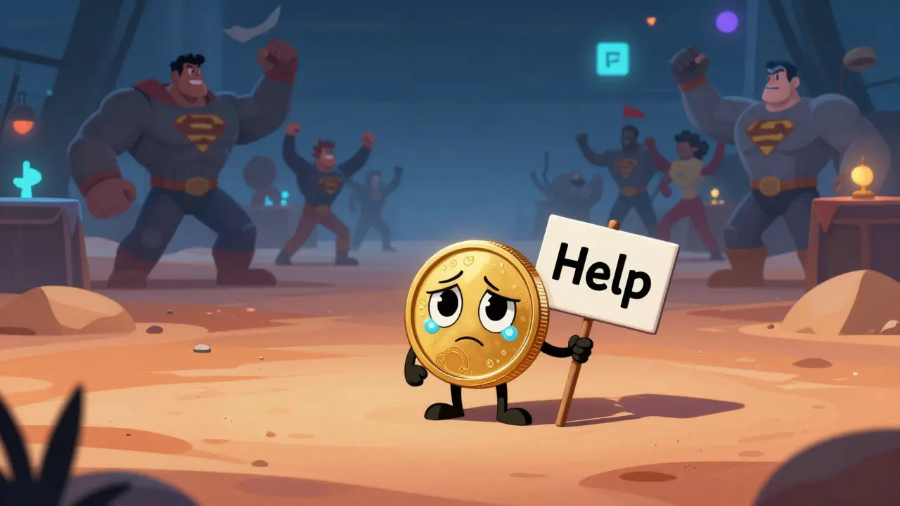 A lonely tiny coin in a desert while big crypto tokens party in the distance, showing low liquidity.