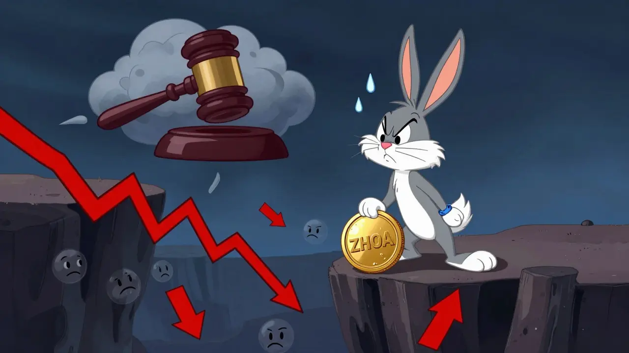 A nervous cartoon rabbit balancing on a coin over a cliff, illustrating crypto market volatility and risk.
