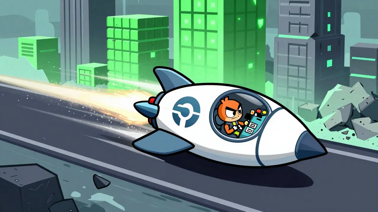 A small character in a fast rocket on a blockchain landscape, illustrating Solana tech risks.
