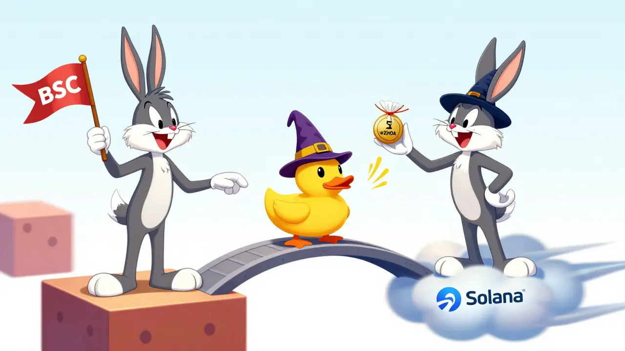 A whimsical cartoon bridge connecting Binance Smart Chain and Solana networks with a wrapped token.
