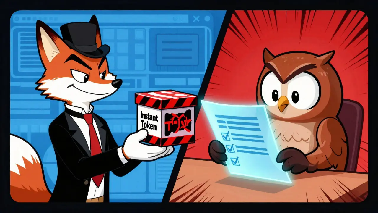 A wise owl reviews safe documents while a fox offers a trap-filled token box.