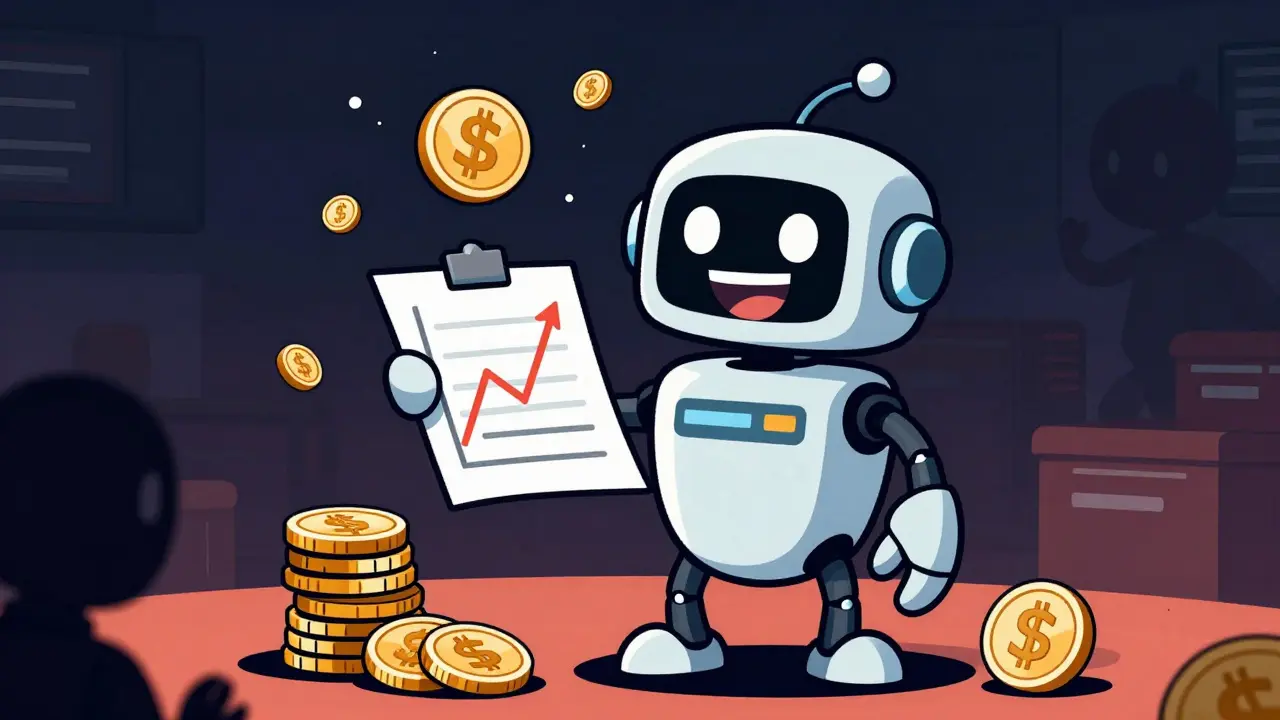 An AI robot holding charts next to floating crypto tokens with a shadowy figure.