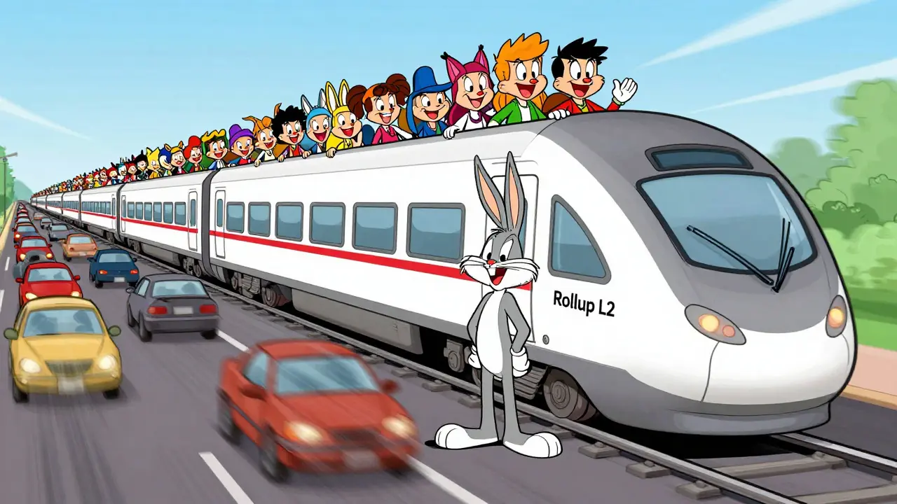 Bugs Bunny riding fast rollup train bypassing congestion