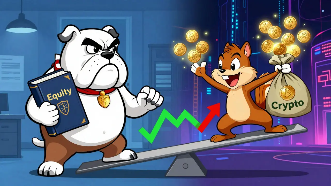 Bulldog with stable equity vs squirrel balancing on volatile crypto tokens