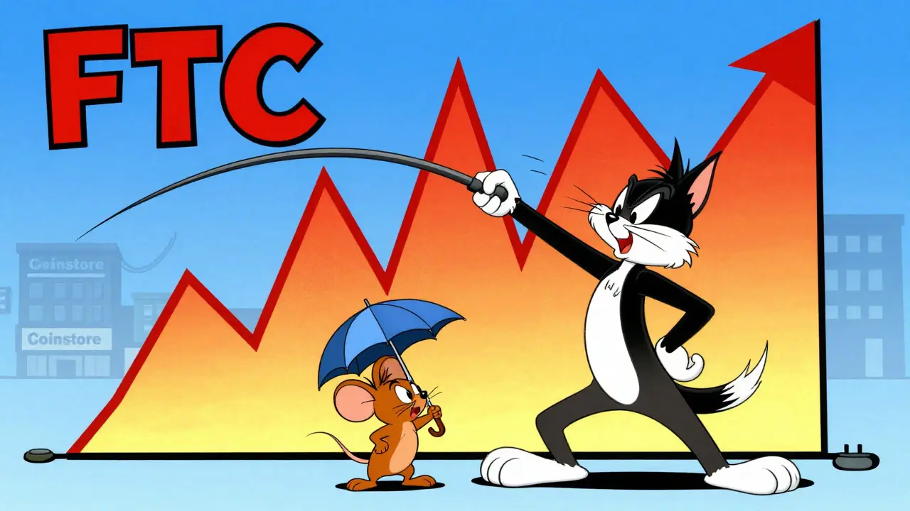Cartoon characters reacting to a wild roller-coaster price chart.
