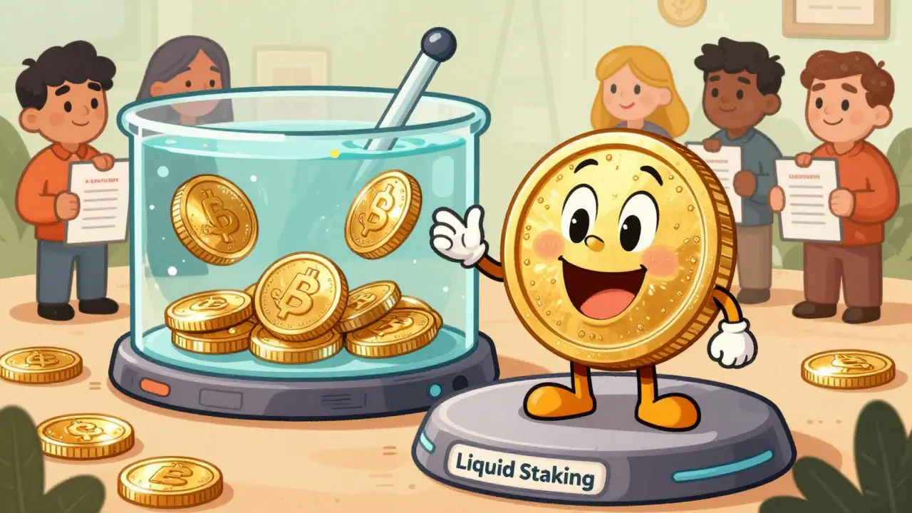 Cartoon coin character on a liquid staking platform with governance voters.