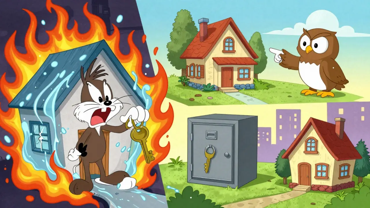 Cartoon comparison of storing keys in one place vs separate locations