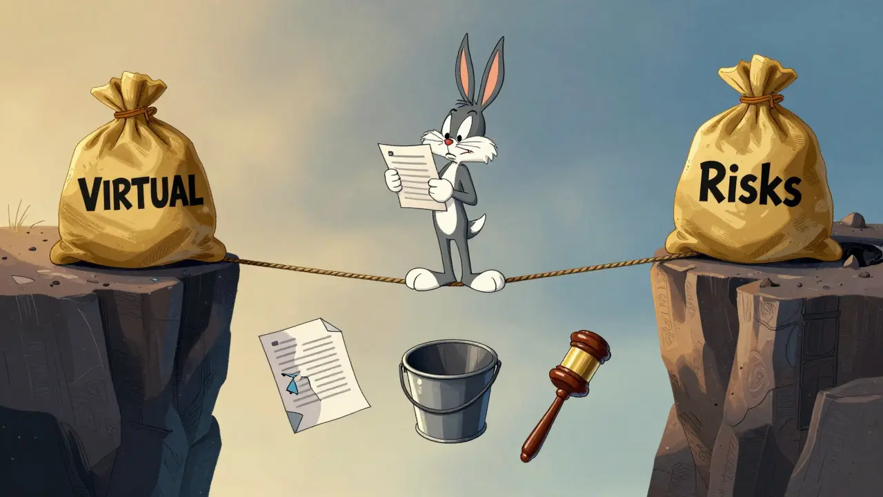 Cartoon figure balancing on a tightrope over risks and rewards in crypto