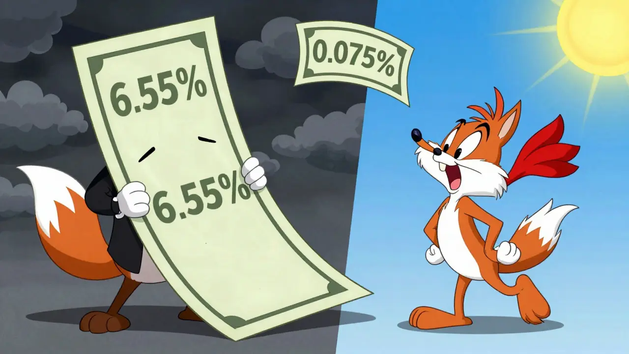 Cartoon fox crushed by high fee bill while bird flies with low fee feather
