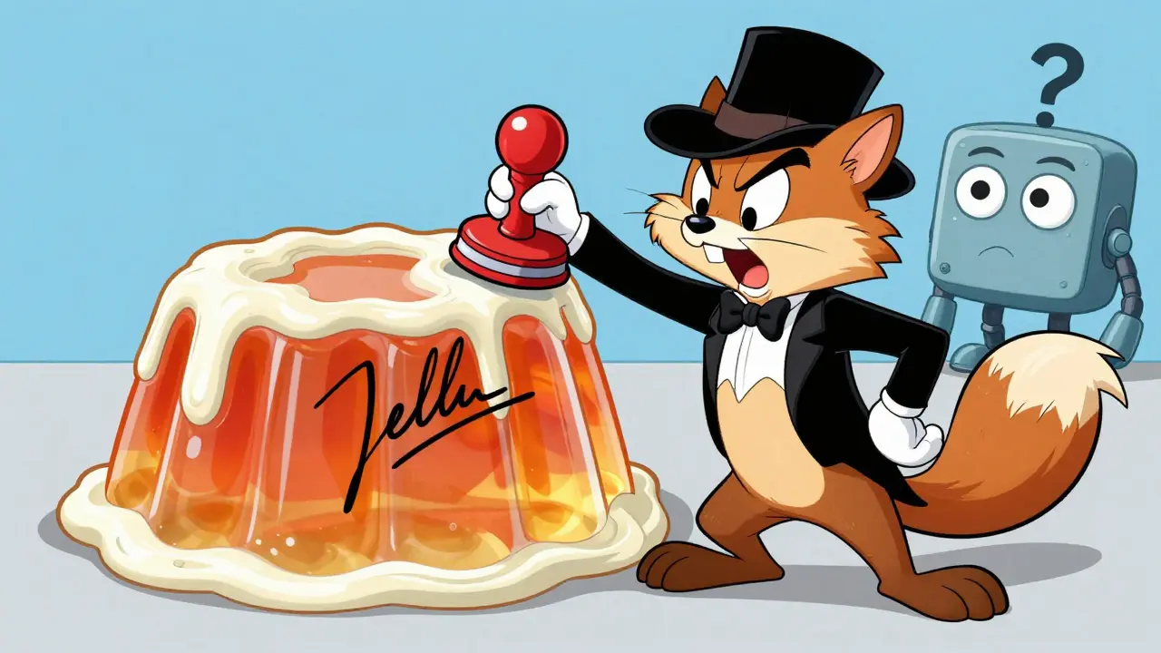 Cartoon hacker altering blockchain signature with rubber stamp