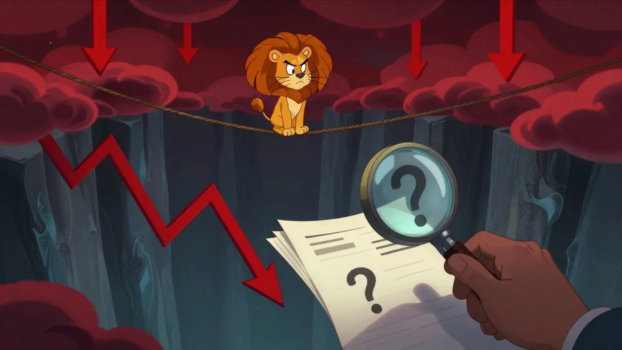 Cartoon lion-cat on a tightrope over a risky market drop