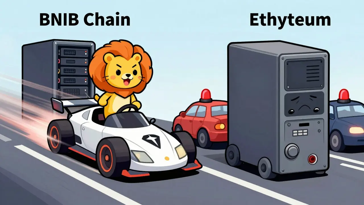 Cartoon lion-cat riding a fast blockchain server past a slow one