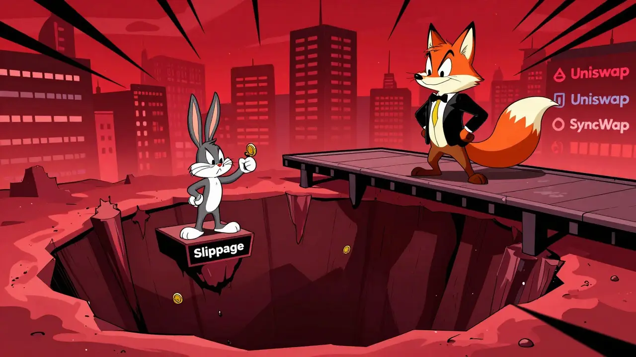 Cartoon rabbit on a tiny platform facing a slippage pit while a fox enjoys a safe bridge to major exchanges.