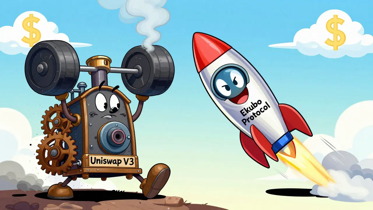 Cartoon showing Ekubo's efficient liquidity vs Uniswap's slow machinery