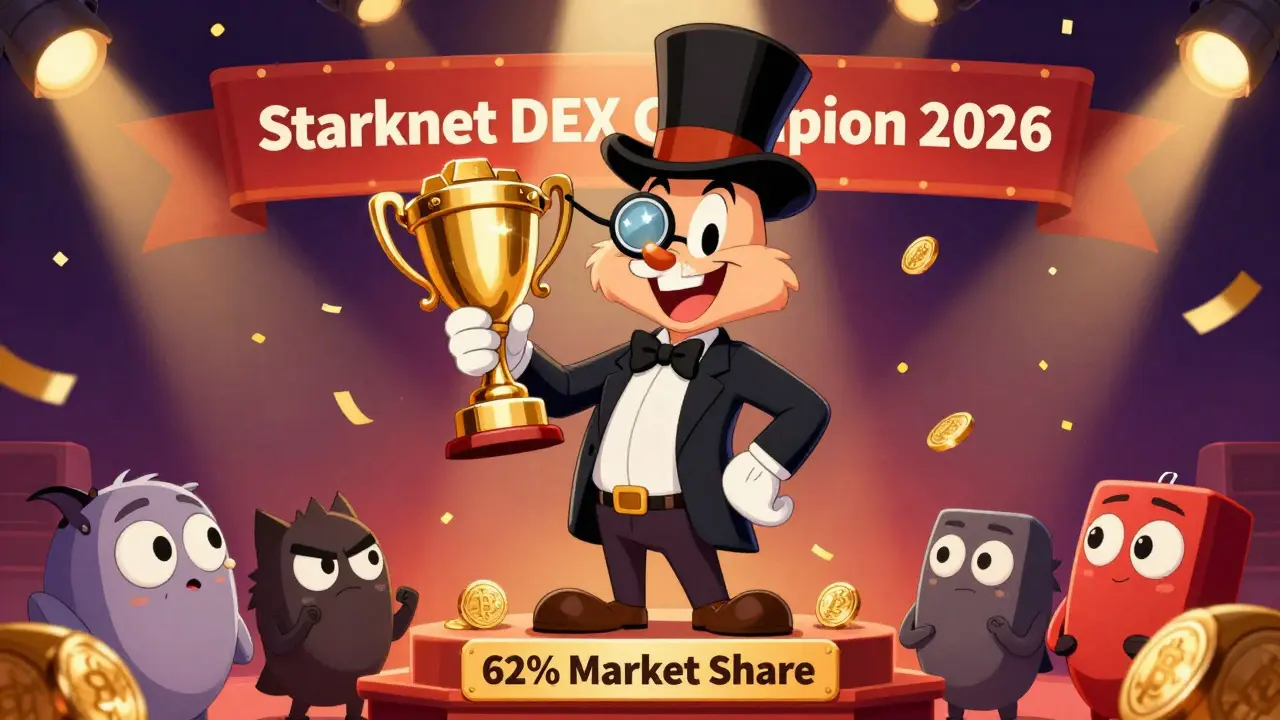 Cartoon trader celebrating Ekubo's dominant market share on Starknet