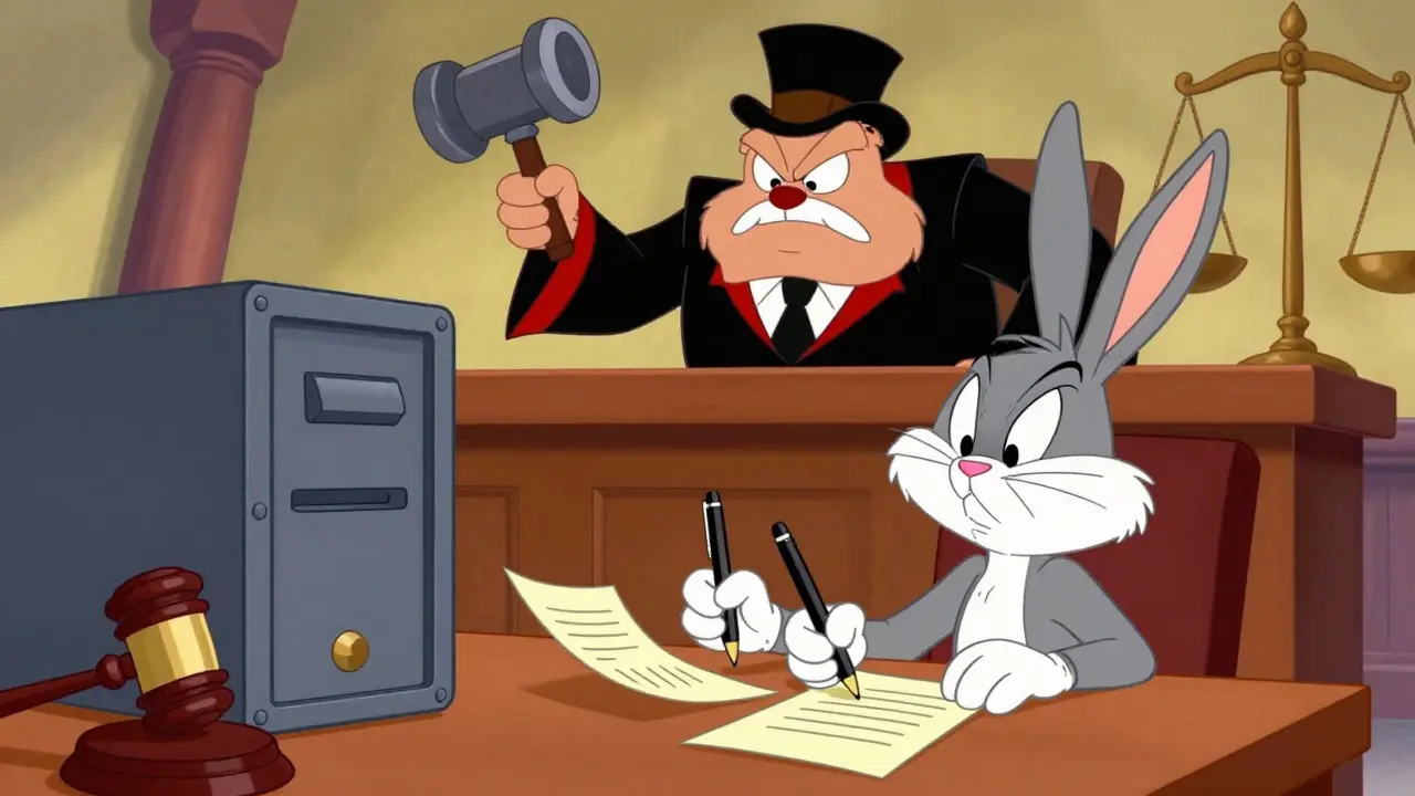 Cartoon validator rabbit double-signing documents under judgment
