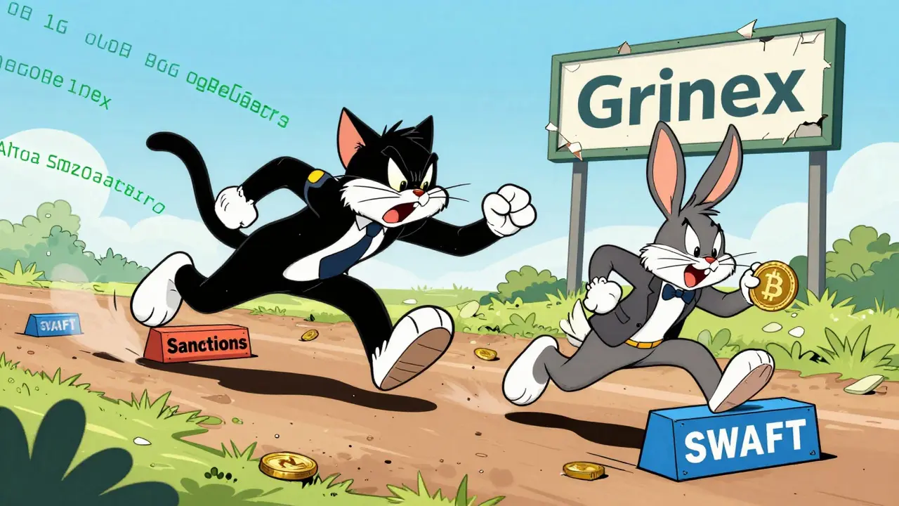 Cat chasing a crypto rabbit over sanctions barriers in a Looney Tunes style.