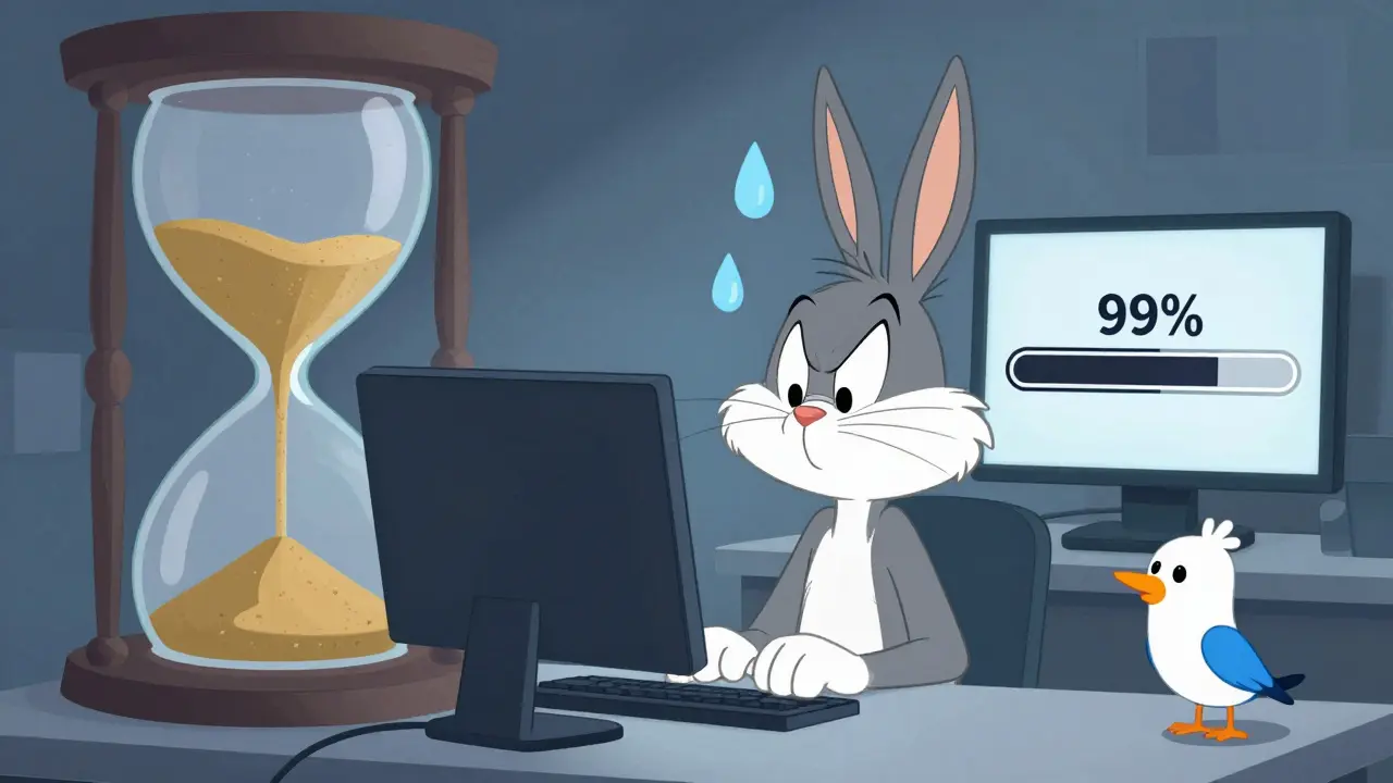 Character panicking at a frozen computer screen with a slow hourglass