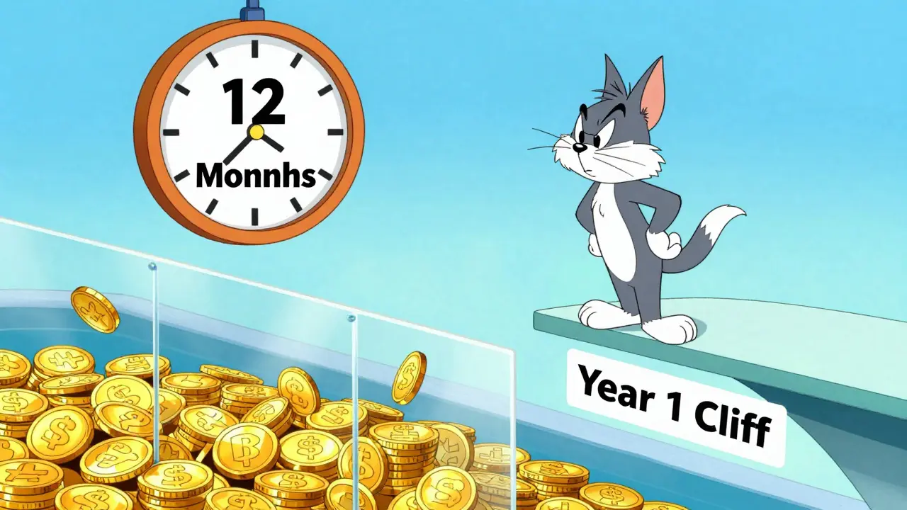 Character standing on a one-year cliff overlooking locked equity coins