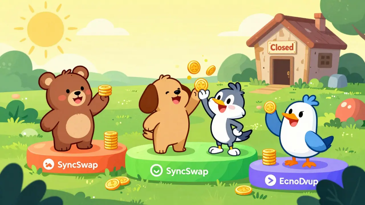 Cheerful cartoon animals trading safely on robust platforms with a closed, dusty EchoDex shack in background.