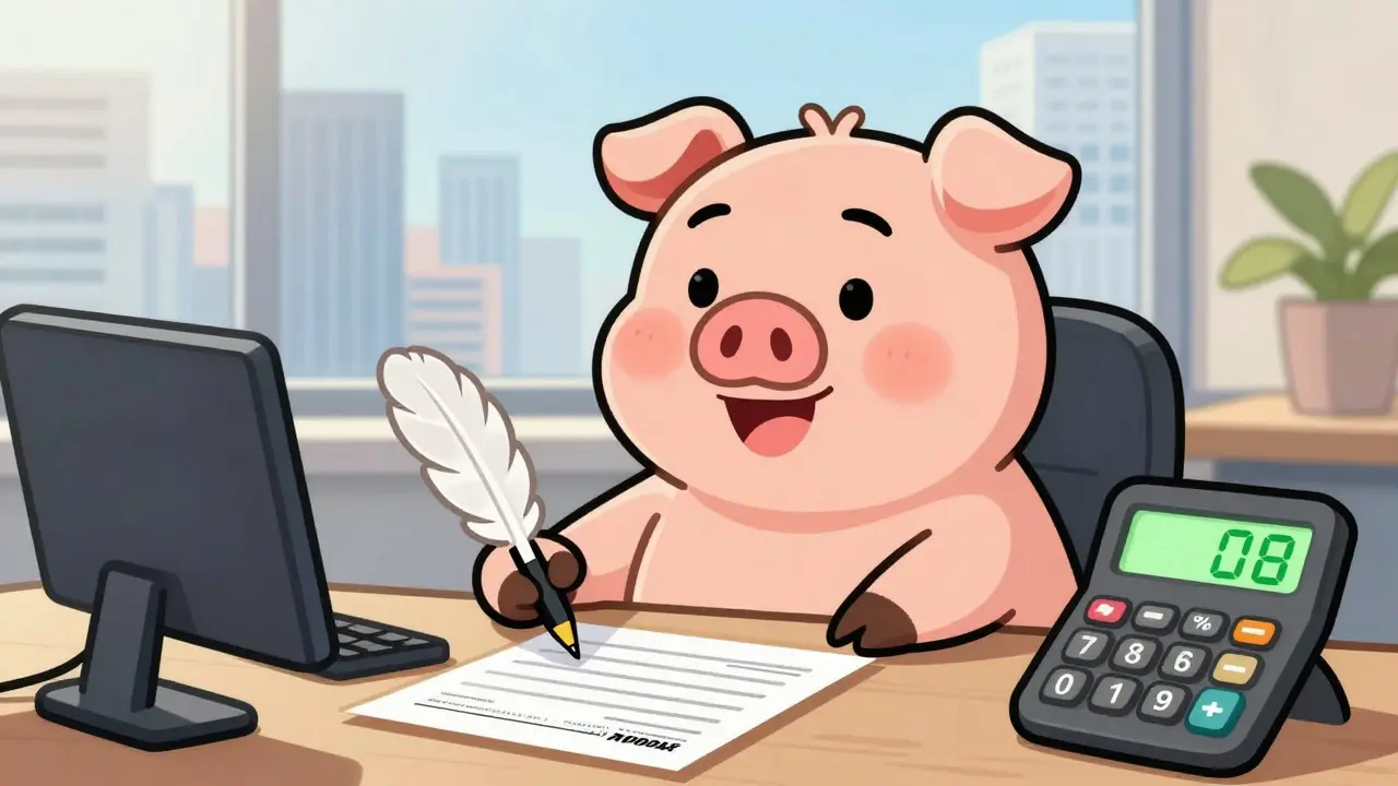 Cheerful pig filing taxes on crypto gains with a friendly calculator.