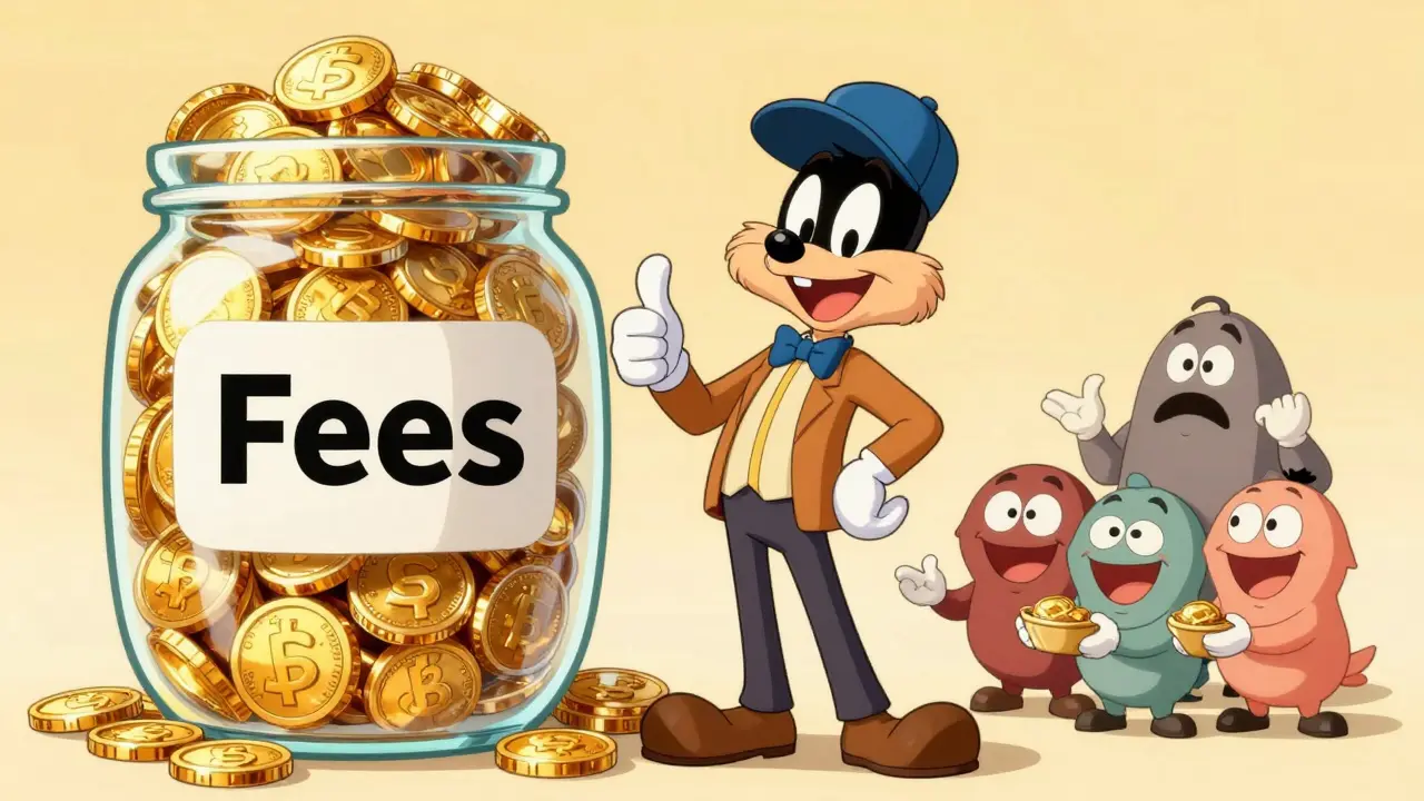 Confident cartoon trader sharing fee coins with happy stakers.