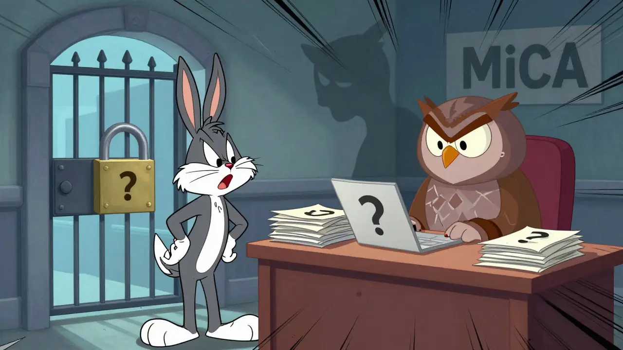Confused trader facing locked gate and strict regulator in cartoon style
