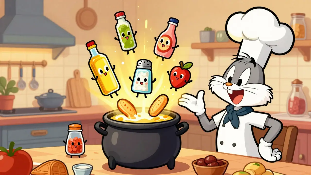 Cute food characters transforming into a dish in a whimsical kitchen illustration.