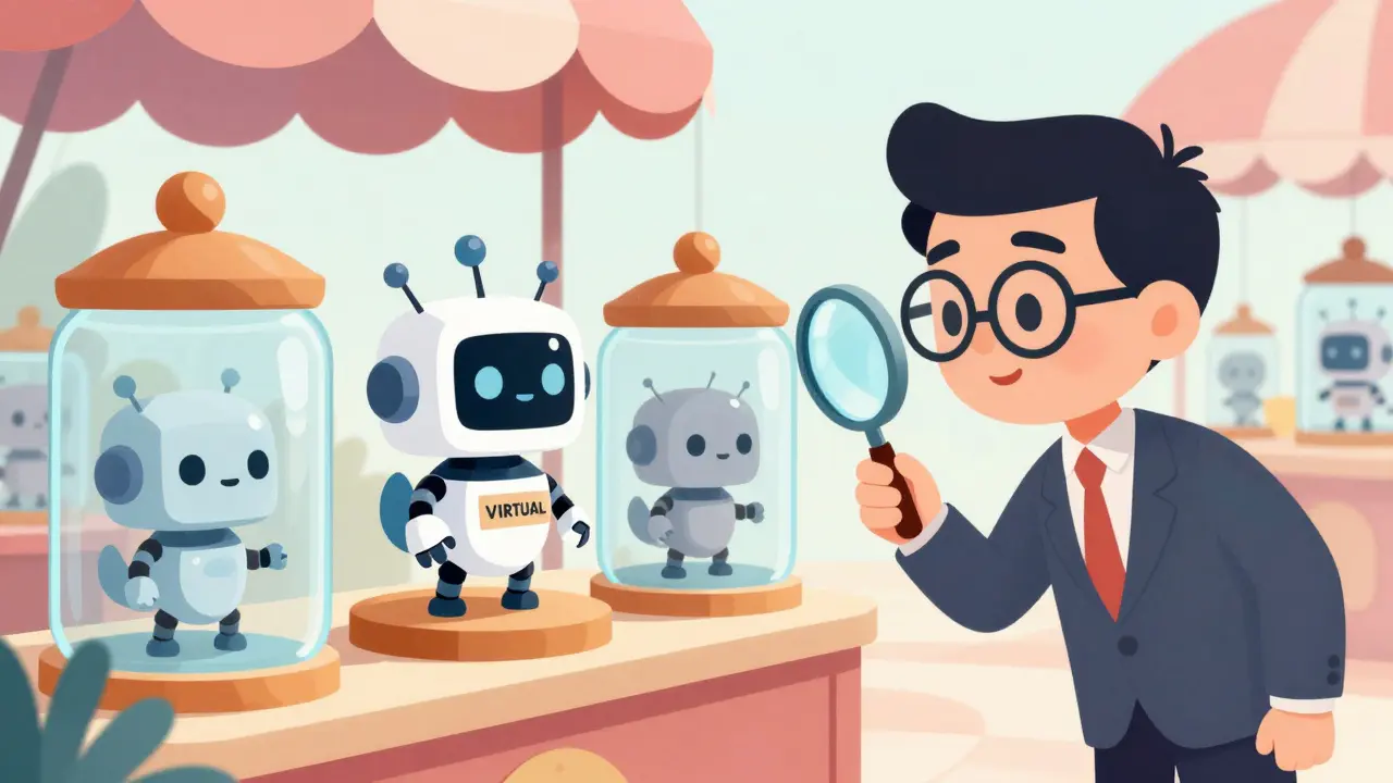 Cute robot AI agents displayed in jars at a whimsical digital marketplace