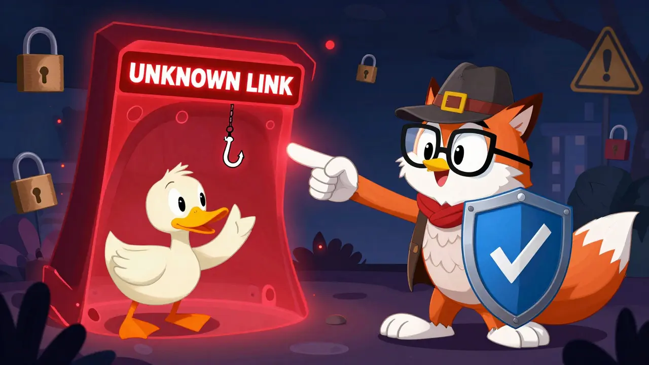 Detective owl warns against scammer fox offering fake crypto links.