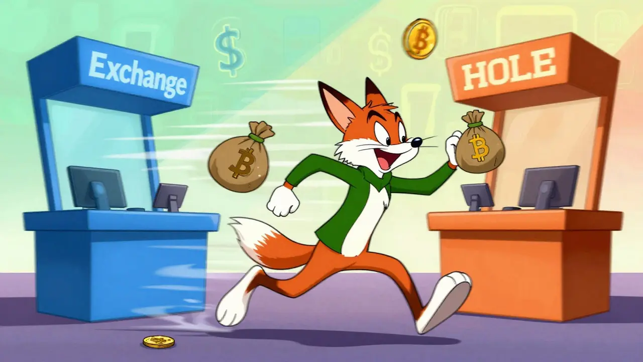 Fox character racing between exchanges for arbitrage profit