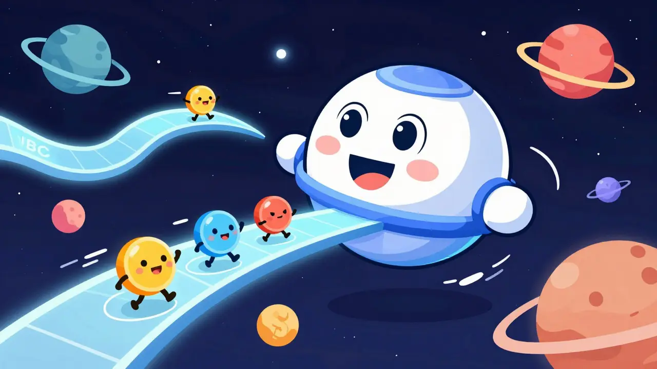 Friendly space station hub connecting colorful planets with tokens.