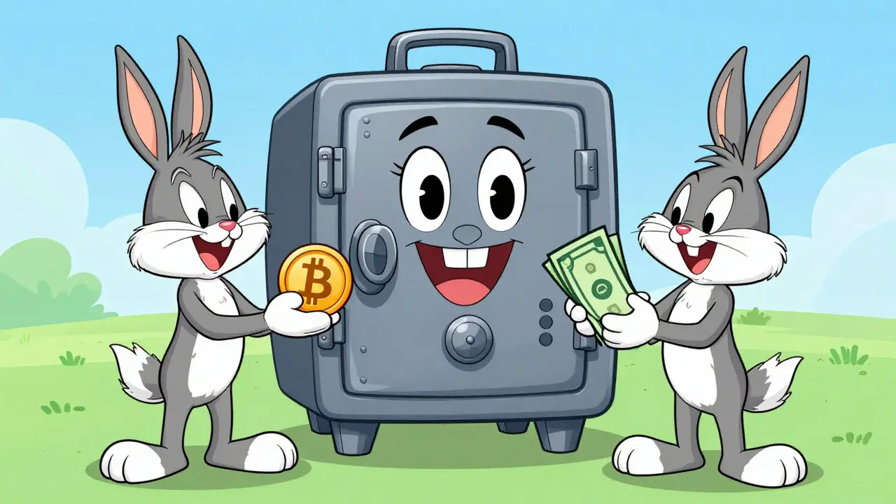 Friendly vault character mediating a safe trade between two users.