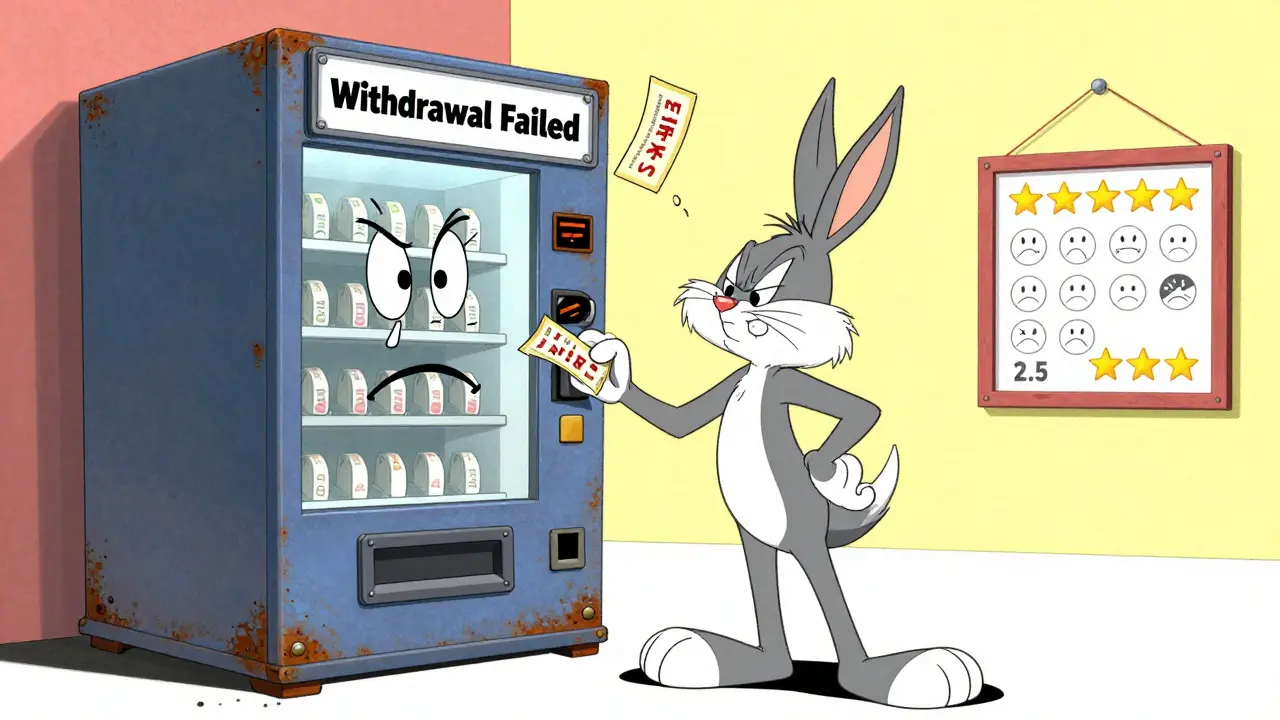 Frustrated user facing a broken withdrawal machine with low ratings