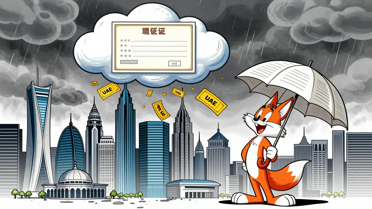 Futuristic city with license clouds raining on UAE and Bahrain buildings