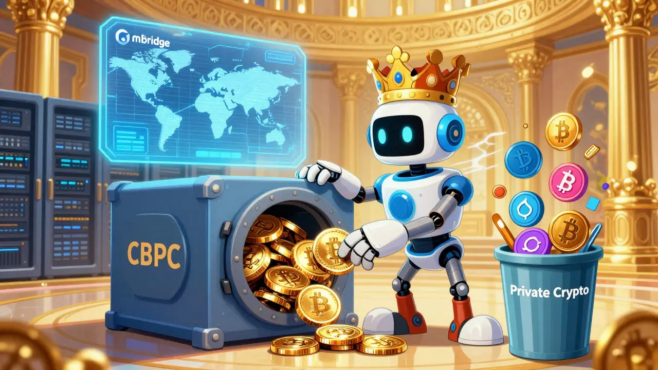 Robot sorting approved CBDC coins vs banned private crypto in a palace