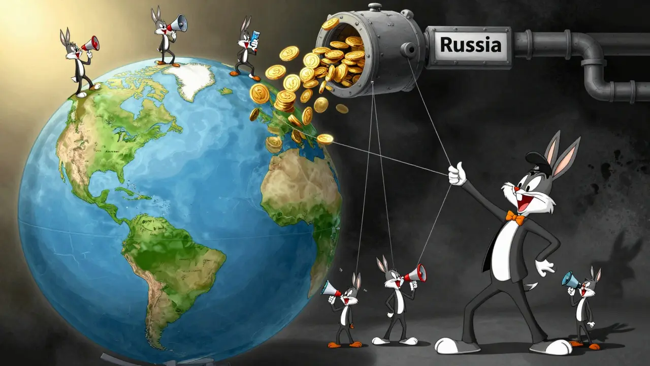 Satirical cartoon of hidden funds flowing to political puppets via crypto pipes.