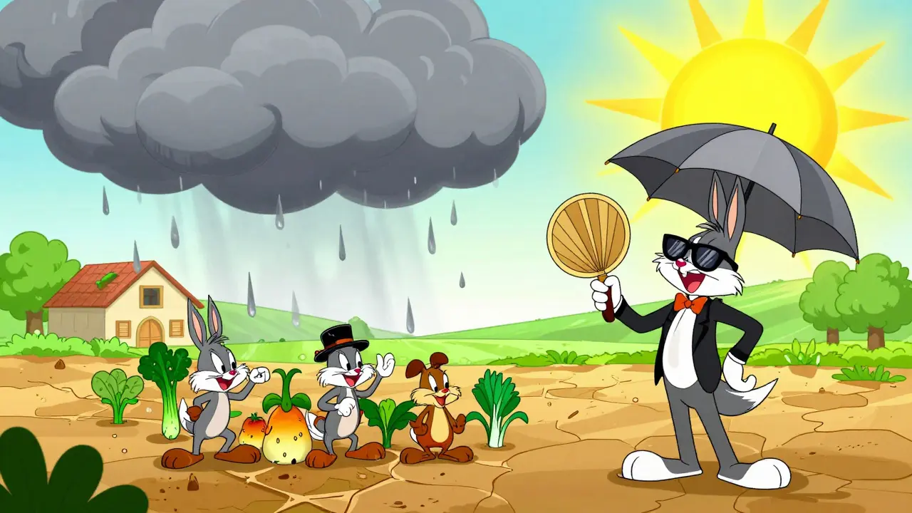 Strategic character reacting to weather events on a cartoon farm in classic animation style.