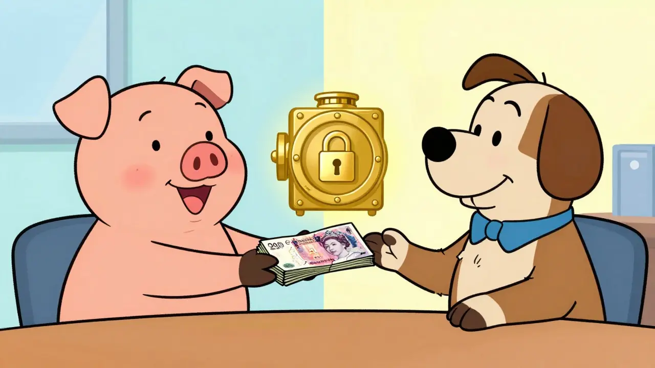 Two cartoon animals exchanging money with a glowing escrow vault in between