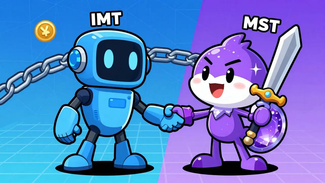 Two token characters shaking hands to show game ecosystem synergy.